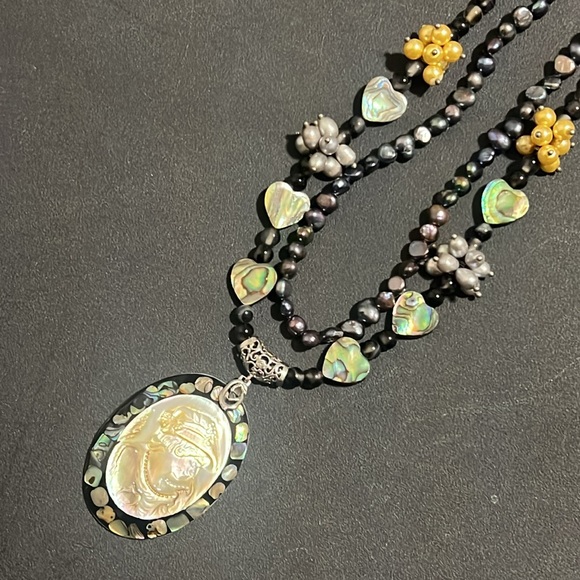 Vintage Peacock Pearl MOP Abalone Multi Strand Victorian Lady Cameo Necklace - Picture 5 of 8